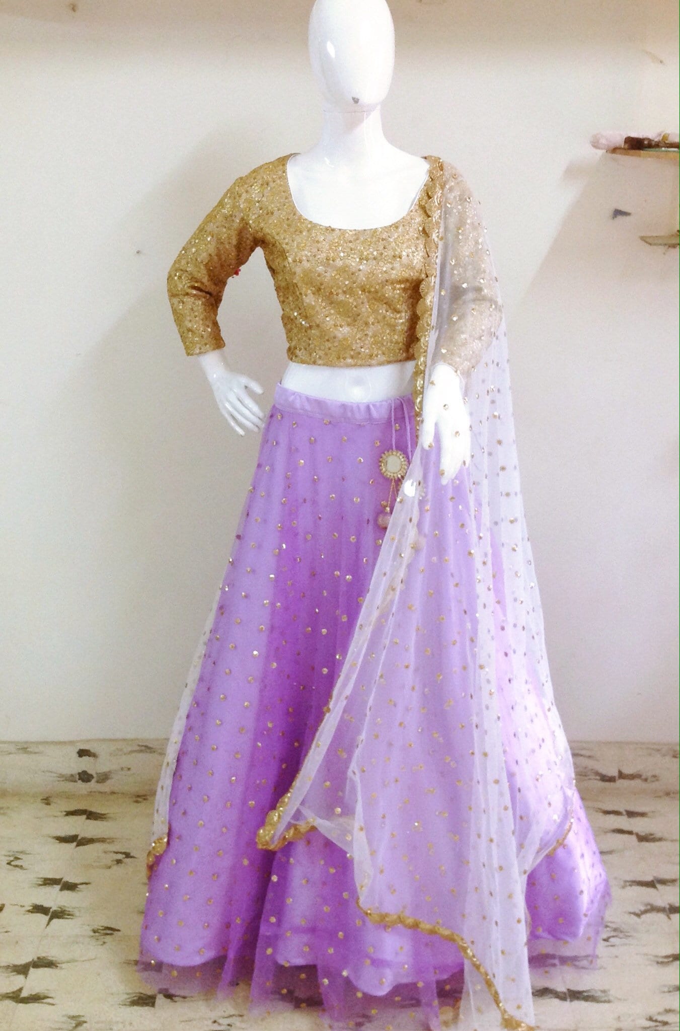 Gold sequin cream and lavendar lehenga. Custom colors and sizes available