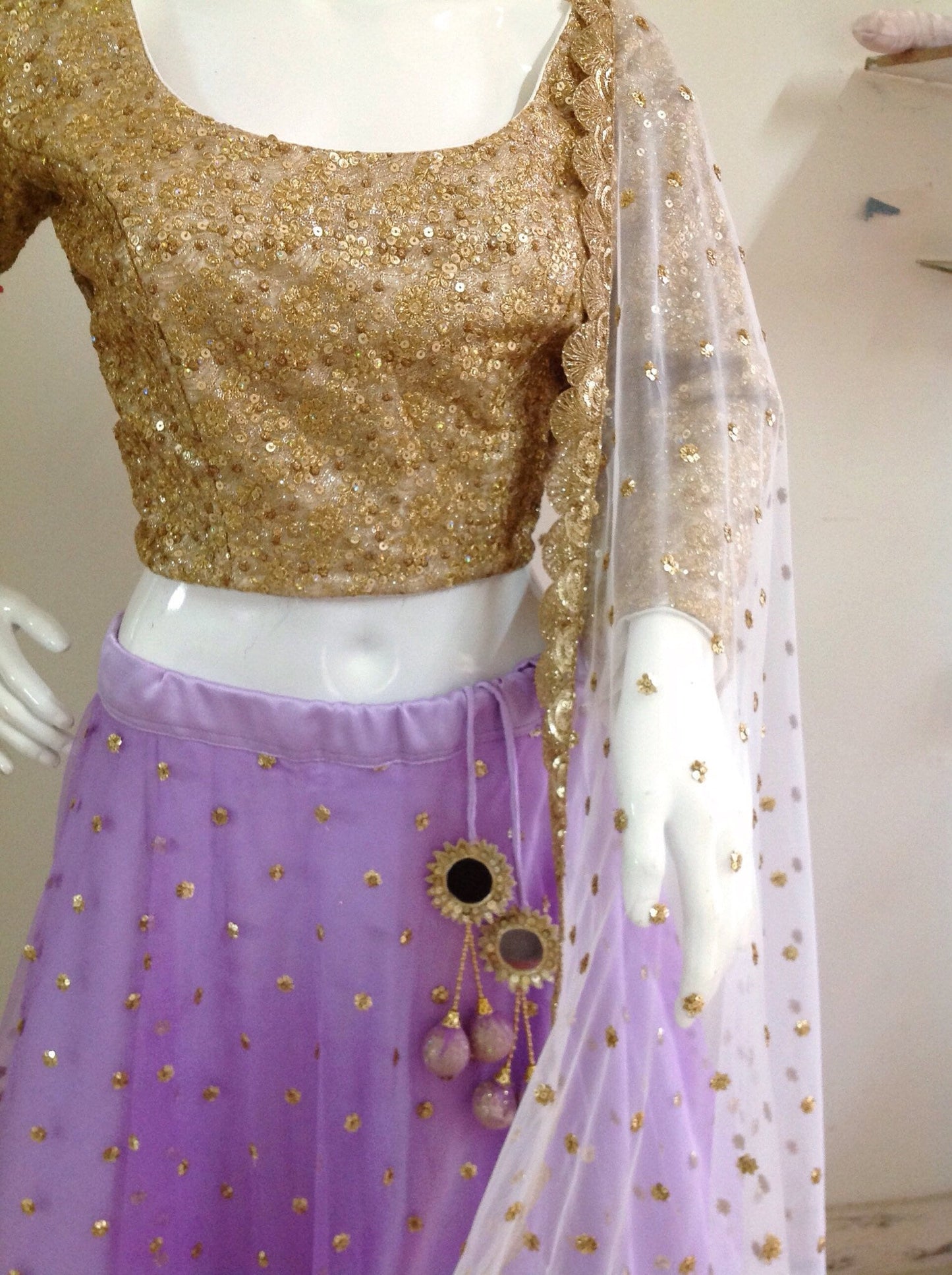 Gold sequin cream and lavendar lehenga. Custom colors and sizes available