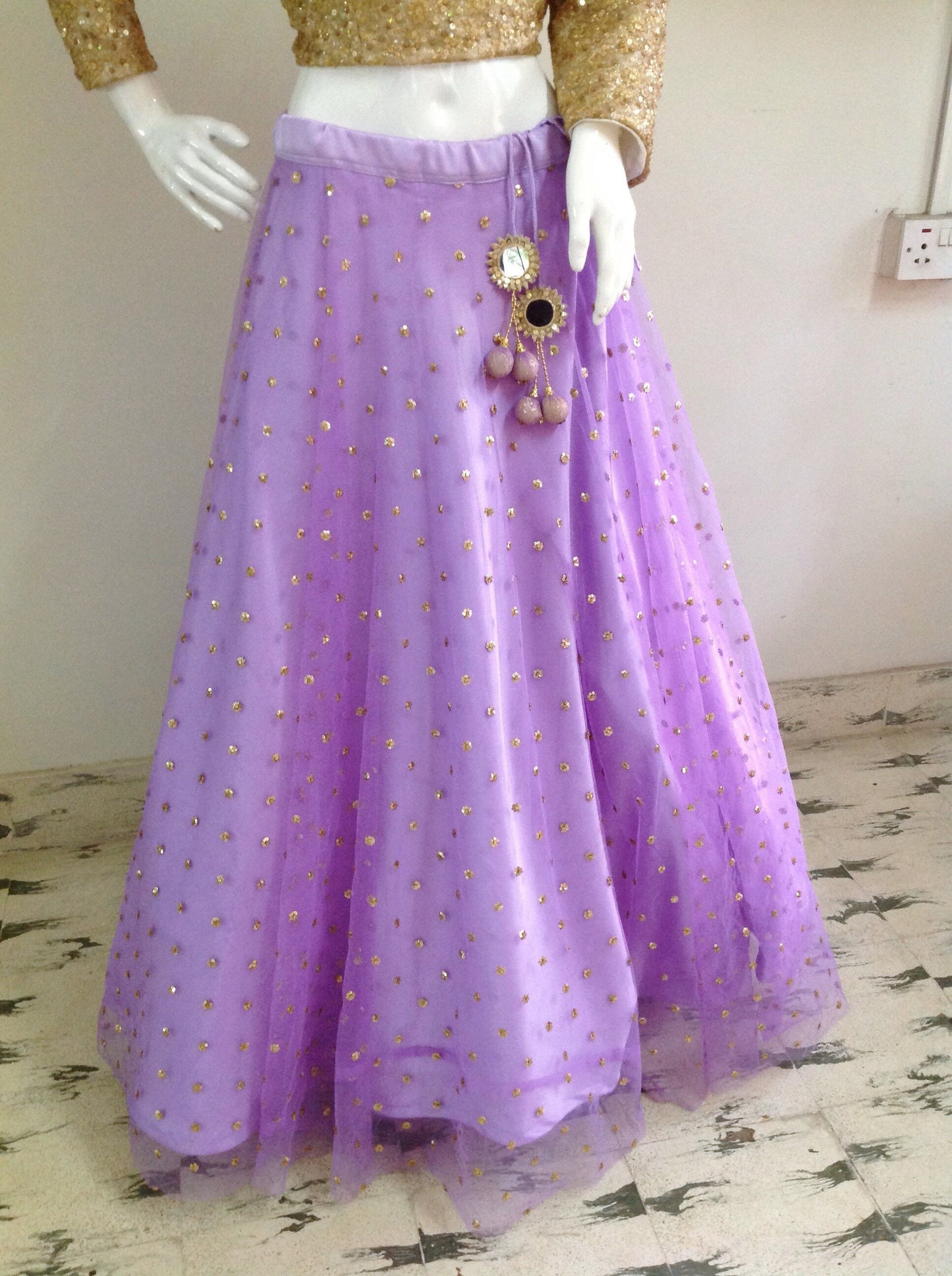 Gold sequin cream and lavendar lehenga. Custom colors and sizes available
