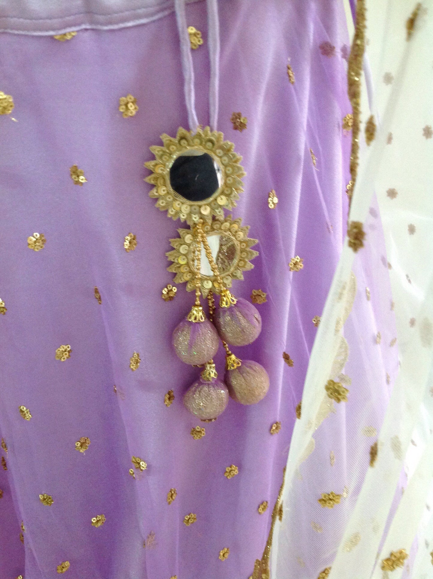 Gold sequin cream and lavendar lehenga. Custom colors and sizes available