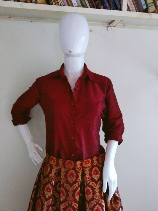 Brocade skirt and raw silk shirt blouse available in custom colors