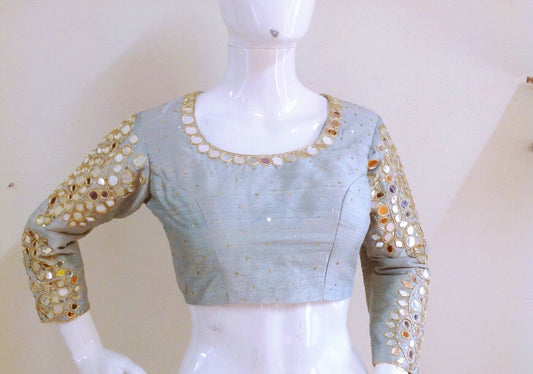 Custom fit pale blue green pure raw silk blouse with mirror work