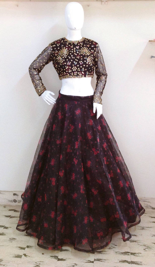 Custom fit floral blouse with net overlay and all over sequin work with organza skirt