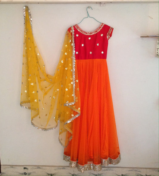 Red Mirror Work Anarkali with Sequin Dupatta | Custom Made Indian Gown | Voluminous Party Wear Anarkali Suit