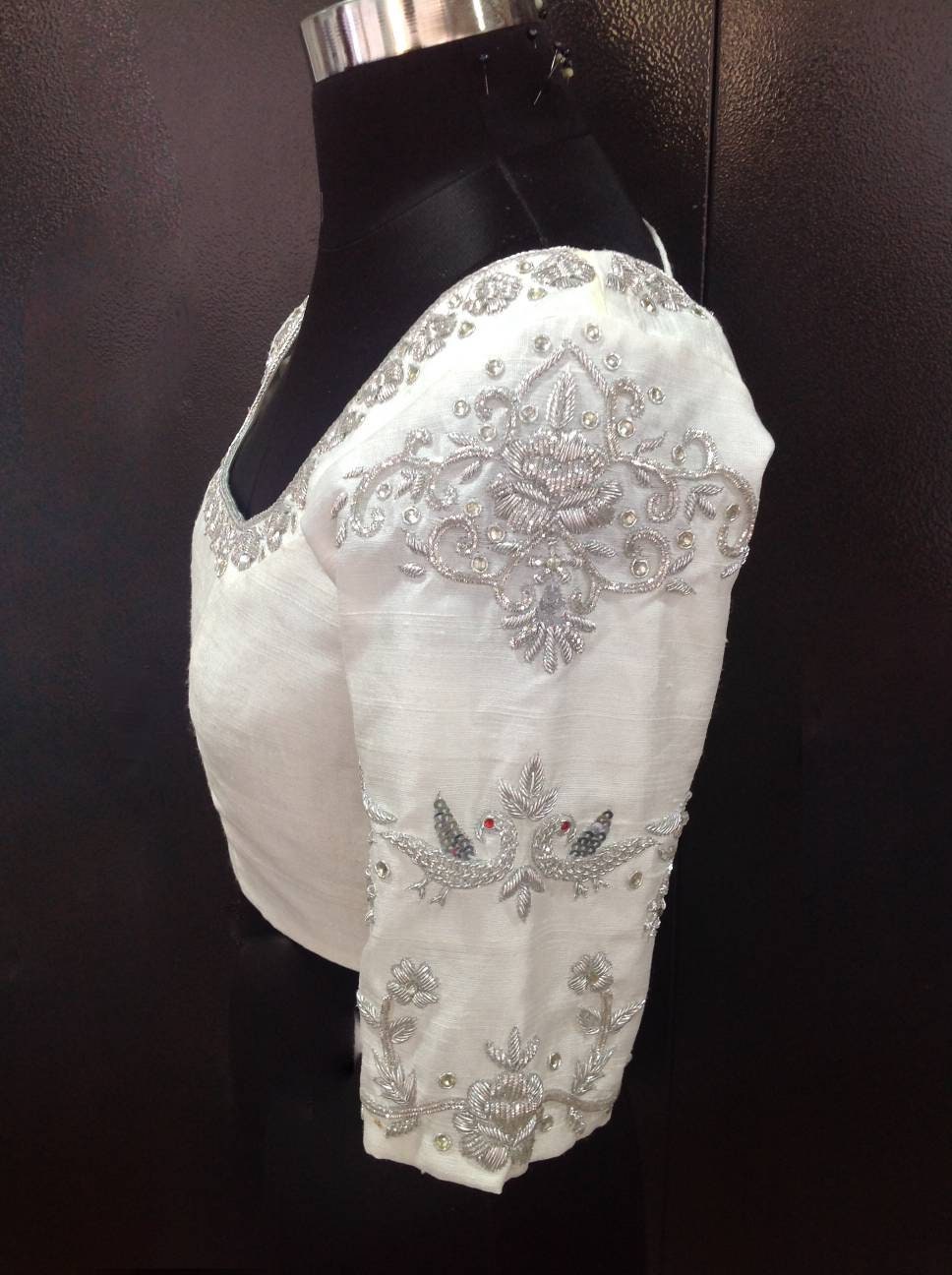 White pure raw silk blouse with silver zardosi embroidery