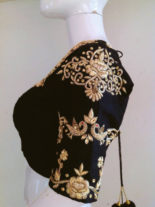 Black pure raw silk blouse with zardosi embroidery
