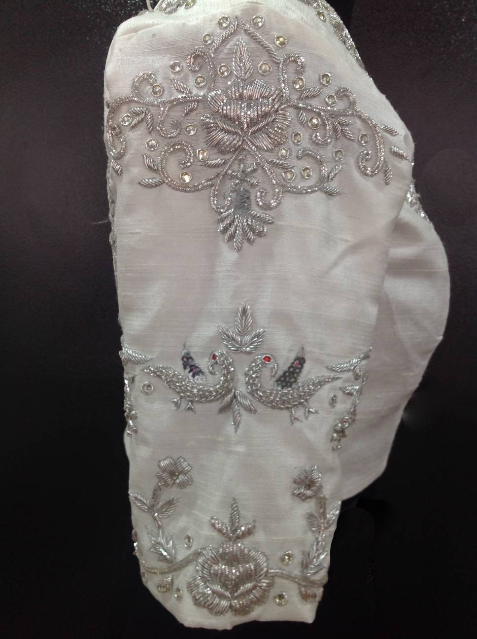 White pure raw silk blouse with silver zardosi embroidery