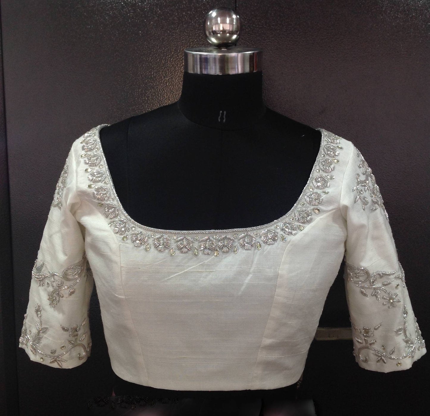White pure raw silk blouse with silver zardosi embroidery