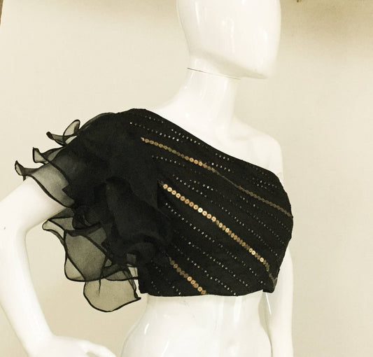 Custom fit sequin embroidery blouse with organza flutter sleeves.