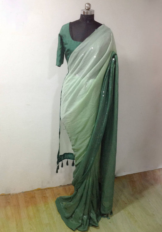 Custom Ombre Sequin Saree with Silk Blouse - Graded Color Georgette