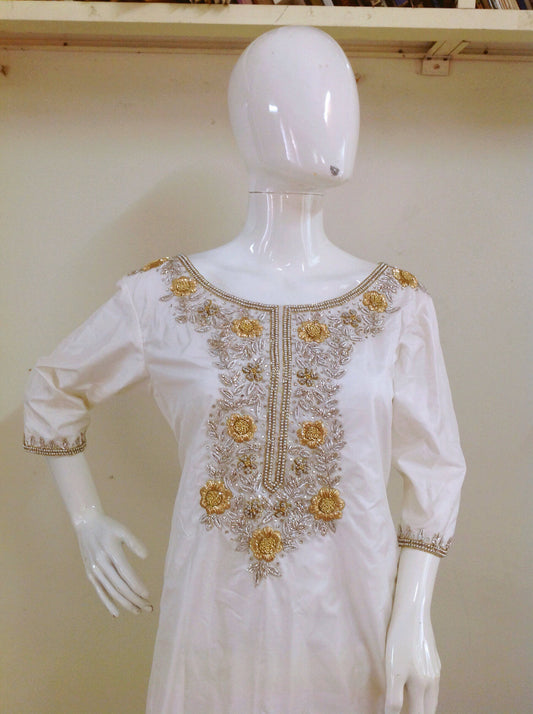 Hand-Embroidered Ivory Pure Silk Kurta Set with Silver & Gold Zardozi Work | Elegant Indian Ethnic Wear for Women | Custom Sizing Available