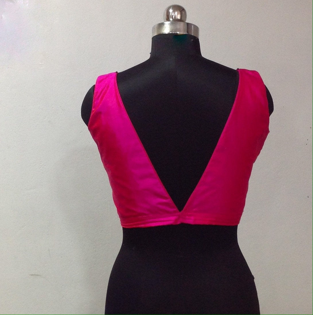 Hot Pink Silk Blouse for Saree - Deep V-Neck - Customizable - Indian Wedding Blouse - Ready to Ship