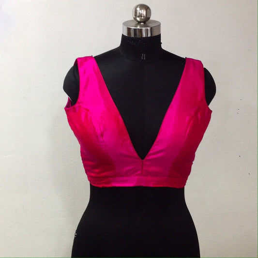 Hot pink pure silk blouse with plunge neck