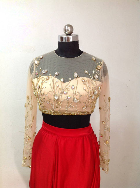 Gold net blouse with all over floral stone work faux neck