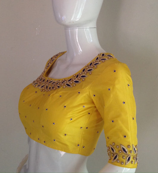 Sunny Yellow Pure Silk Blouse - Zardosi Maggam Embroidery - Custom Fit Indian Blouse - Saree Readymade Blouse
