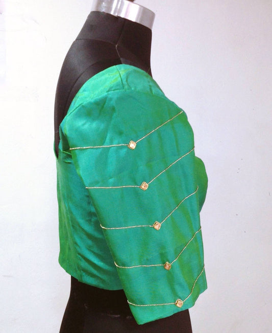 Sea green pure raw silk blouse with geometric embroidered sleeves