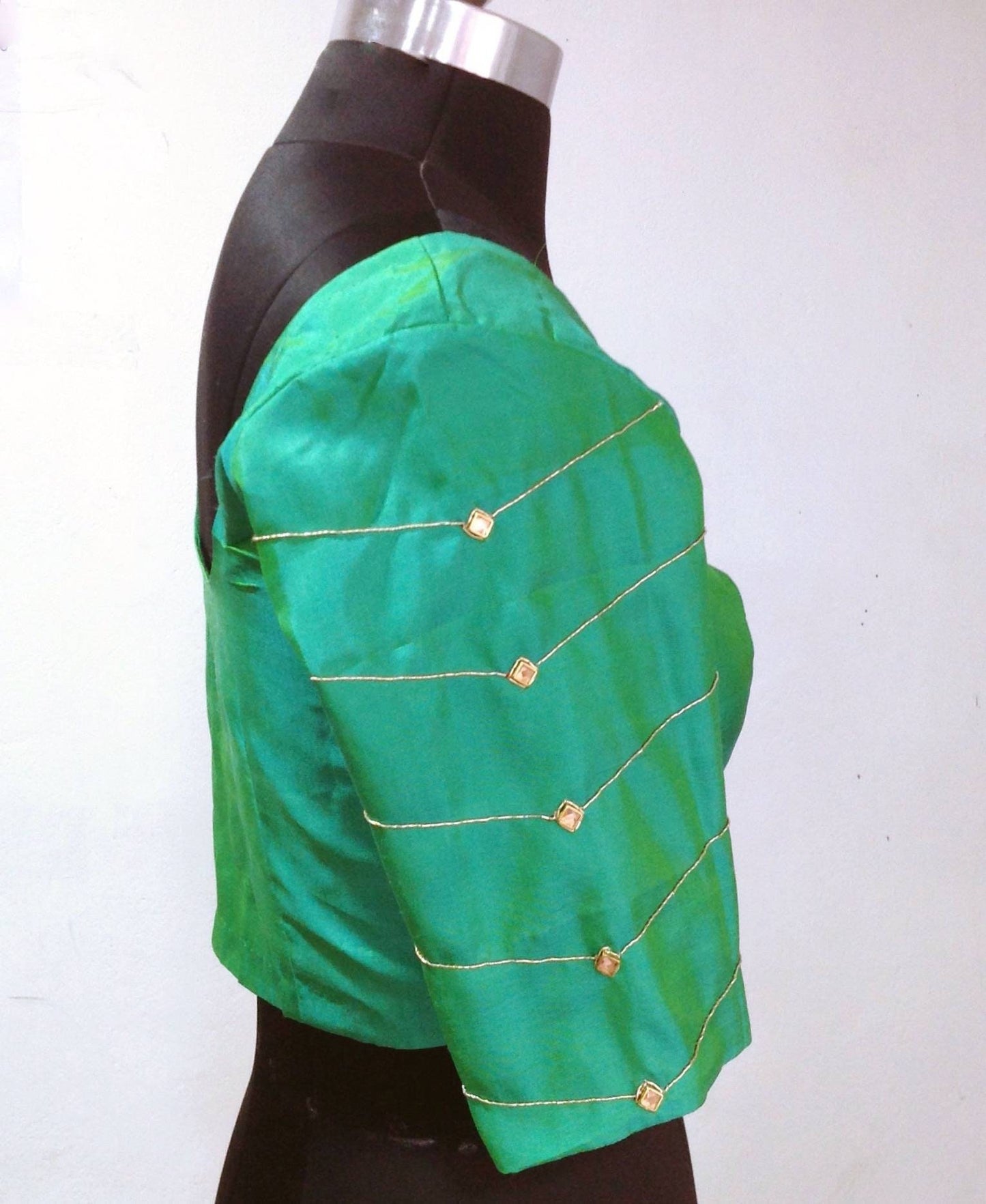 Sea Green Raw Silk Blouse - Geometric Embroidered Sleeves - Custom Fit Saree Blouse - Indian Ethnic Top