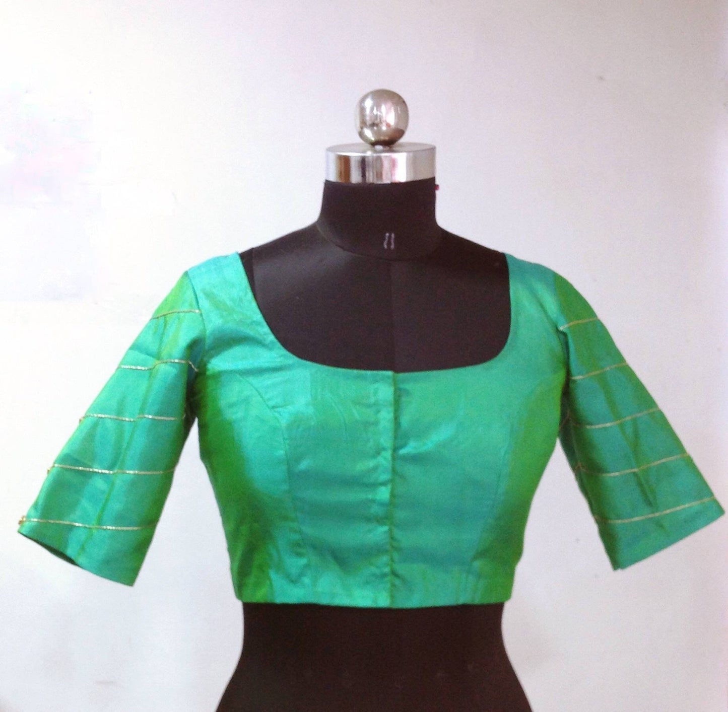 Sea Green Raw Silk Blouse - Geometric Embroidered Sleeves - Custom Fit Saree Blouse - Indian Ethnic Top
