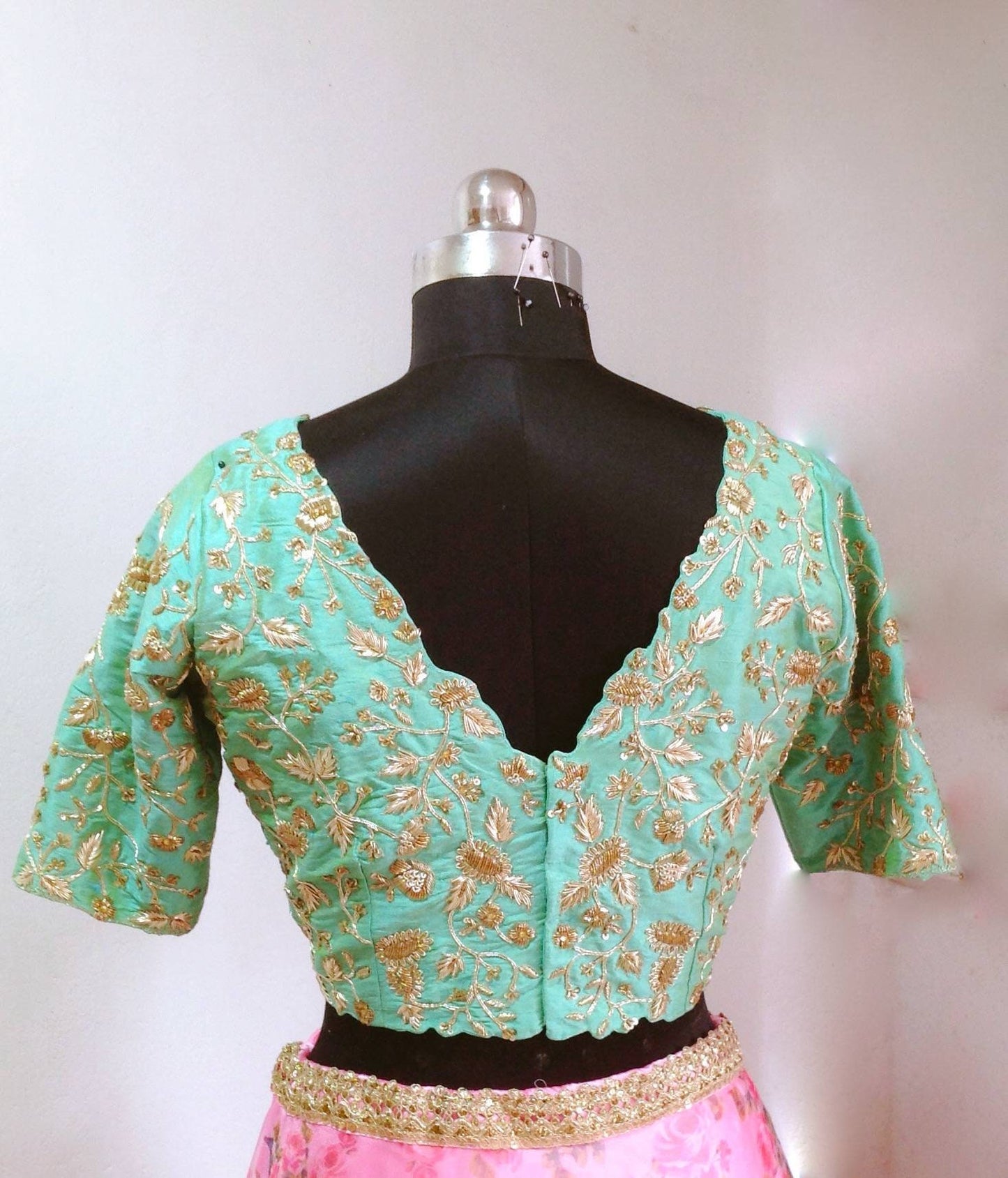Custom Zardozi Embroidered Mint Raw Silk Blouse