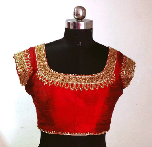 Red pure raw silk blouse with zardosi embroidery