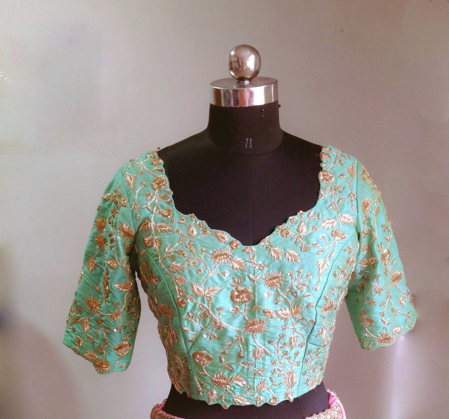 Custom Zardozi Embroidered Mint Raw Silk Blouse