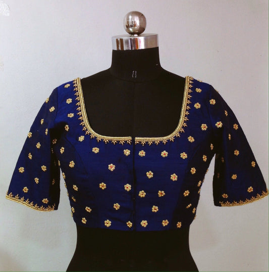 Navy blue pure silk hand embroidery blouse with elbow length sleeves and all over bead and zari work