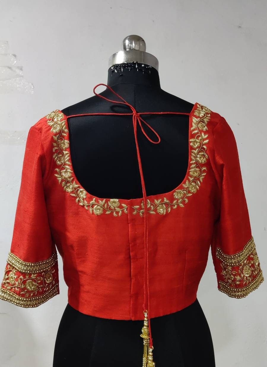 Orange pure raw silk blouse with zardosi embroidery