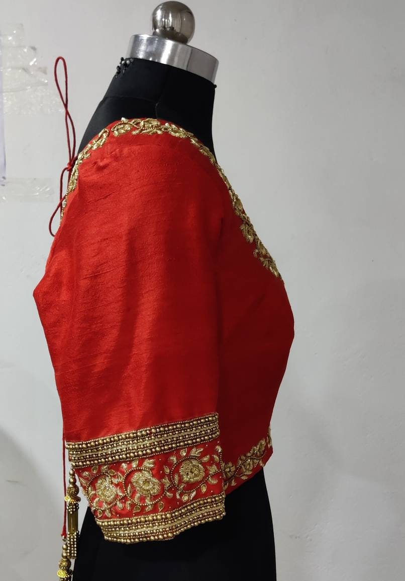 Orange pure raw silk blouse with zardosi embroidery