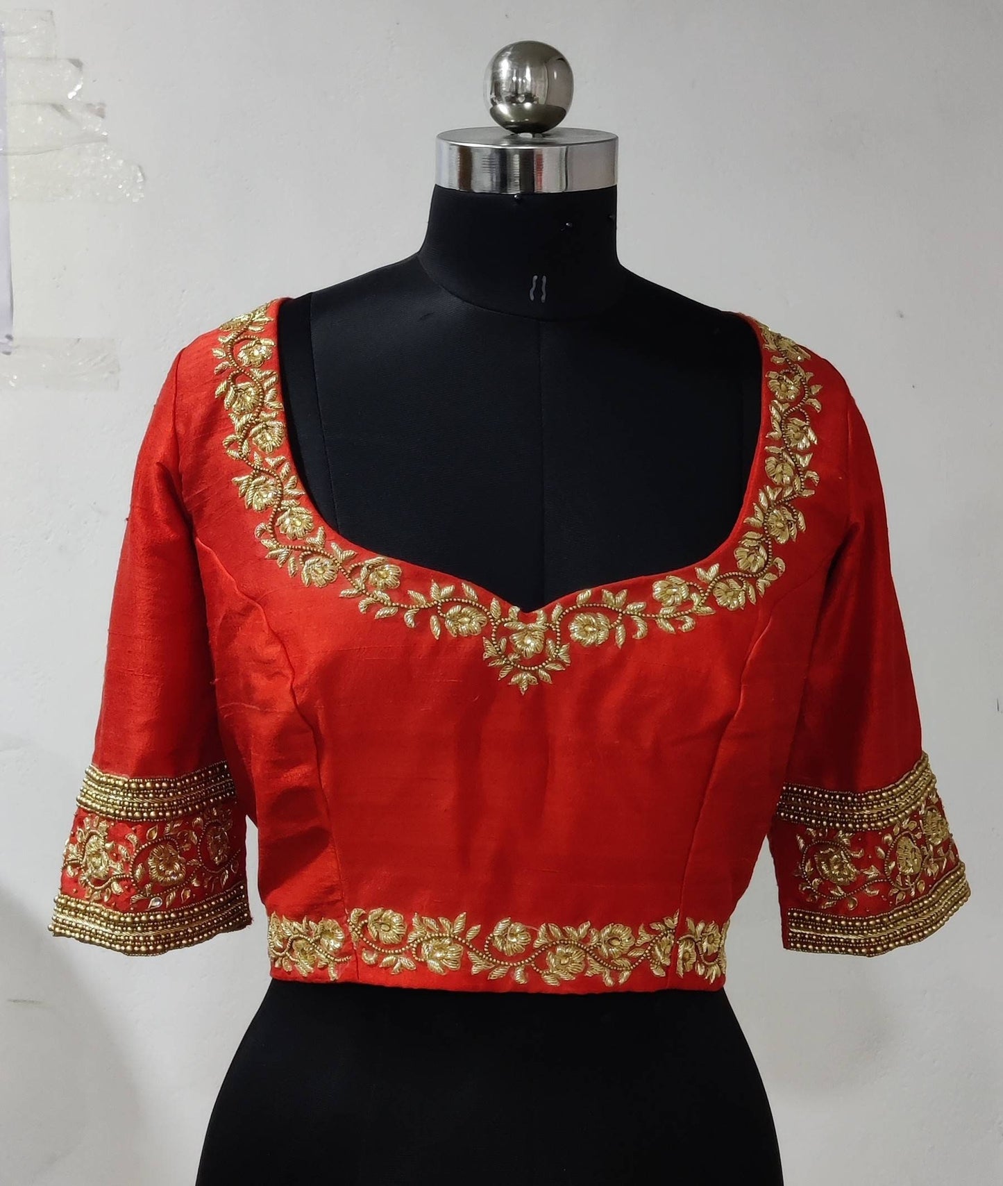 Orange pure raw silk blouse with zardosi embroidery