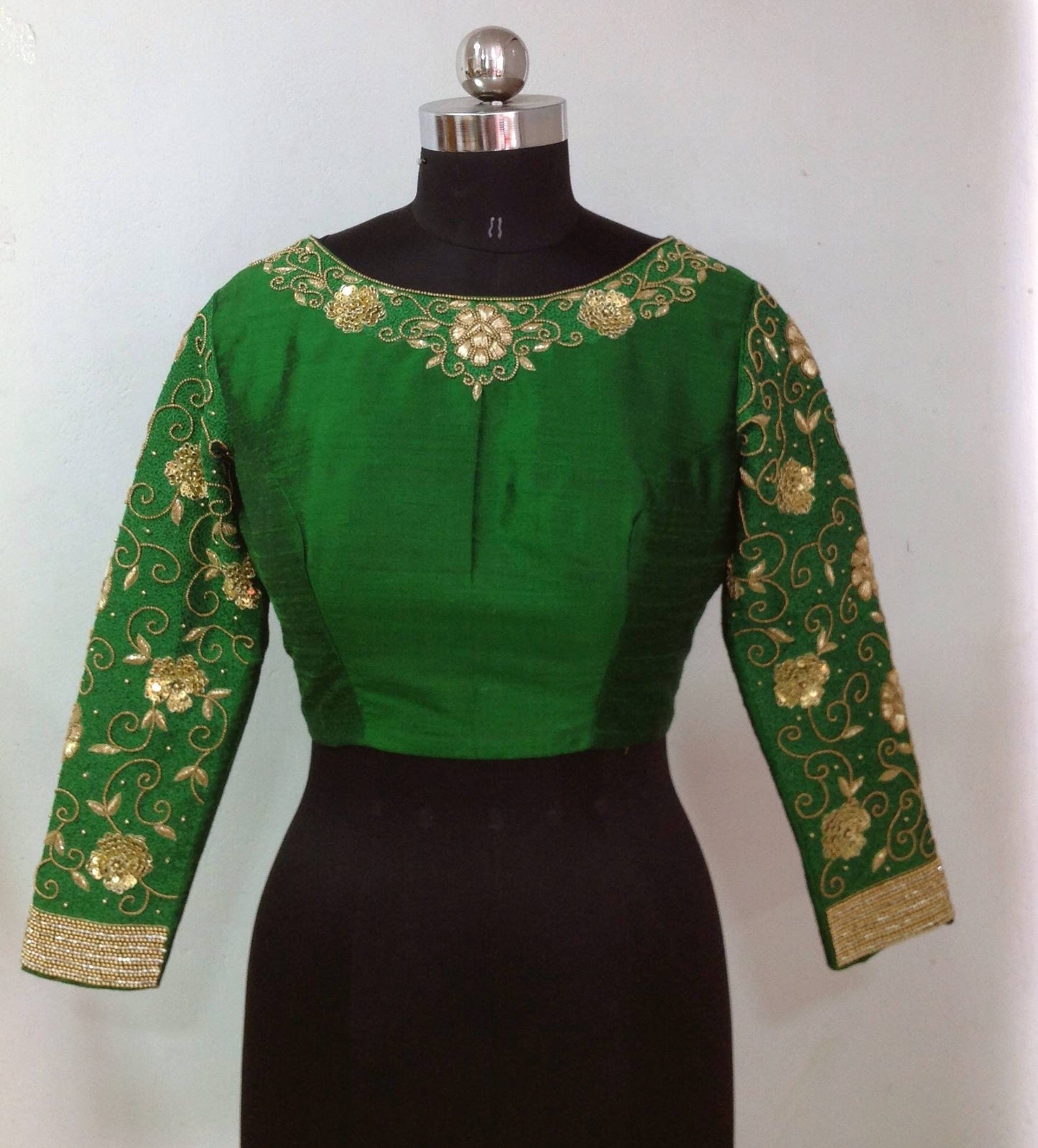Custom Forest Green Raw Silk Blouse with Zardosi Embroidery - Made to Order