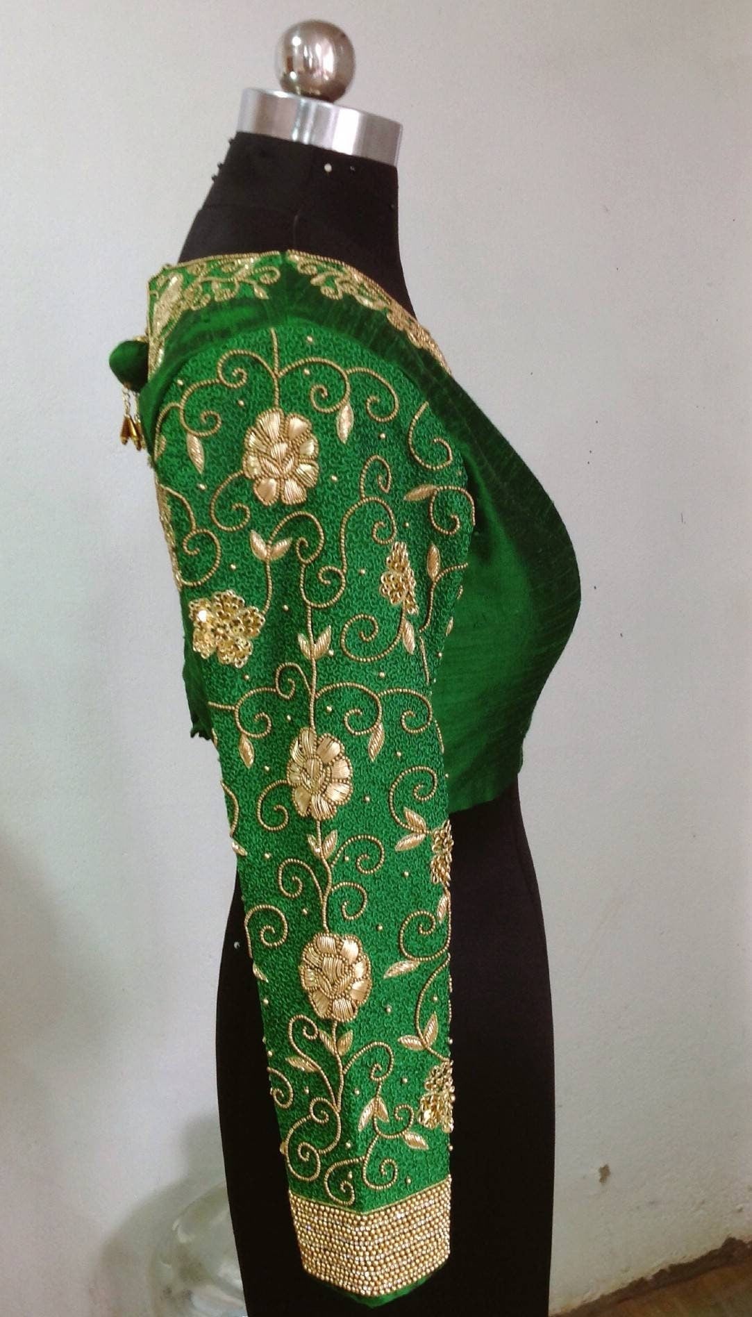 Custom Forest Green Raw Silk Blouse with Zardosi Embroidery - Made to Order