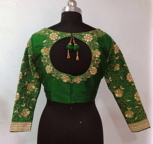 Custom fit forrest green pure raw silk blouse with  zardosi embroidery