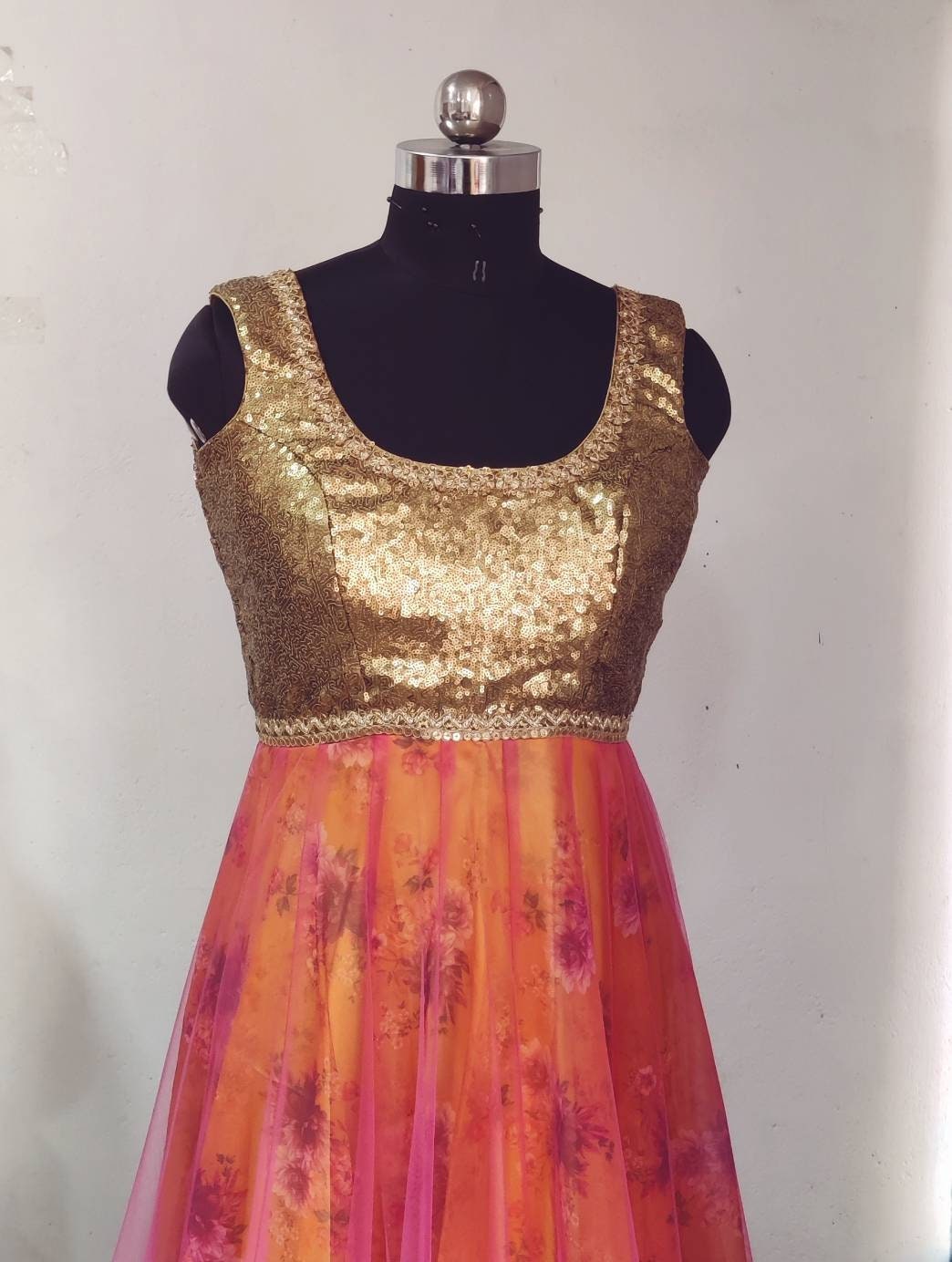 Gold Sequin & Pink Floral Anarkali Gown - Custom Stitched