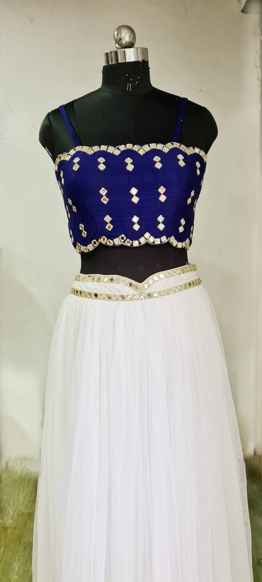Hand Embroidered Raw Silk Mirror Work Lehenga and Blouse | Ready-to-Wear Tulle Skirt and Blouse