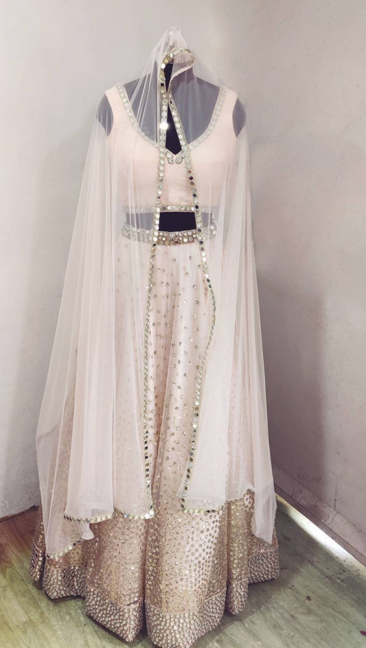 Sequin lehenga and raw silk blouse with mirror work in custom colors