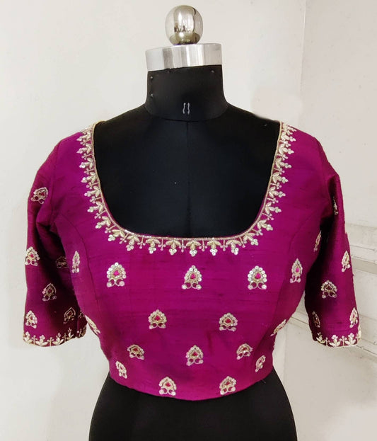 Custom fit navy blue pure raw silk blouse with  sequin and zari work
