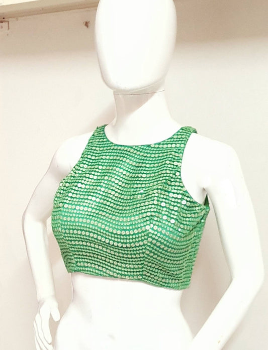 Green Sequin Stripes Halter Neck Blouse