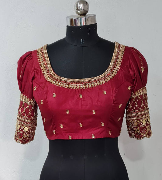 Custom fit pure maroon silk blouse with zardosi embroidery