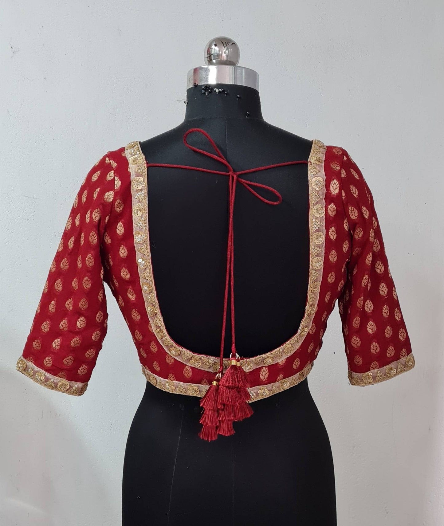 Dark maroon red brocade custom stitched blouse with deep v neck