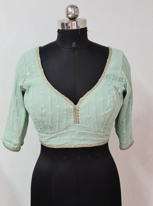 Pastel Green Sequin Blouse | Custom Thread Work Stitched Blouse