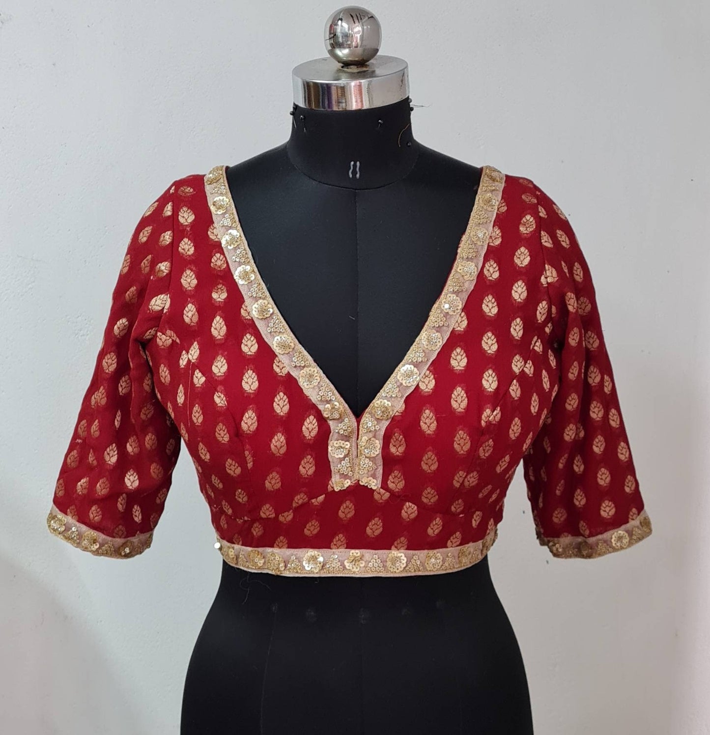 Dark maroon red brocade custom stitched blouse with deep v neck