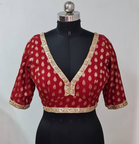 Dark maroon red brocade custom stitched blouse with deep v neck
