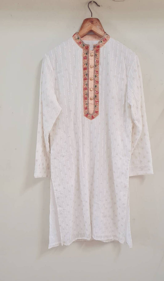 Custom White Chikankari Men's Kurta with Churidar Pants - Handmade Threadwork Ethnic Wear