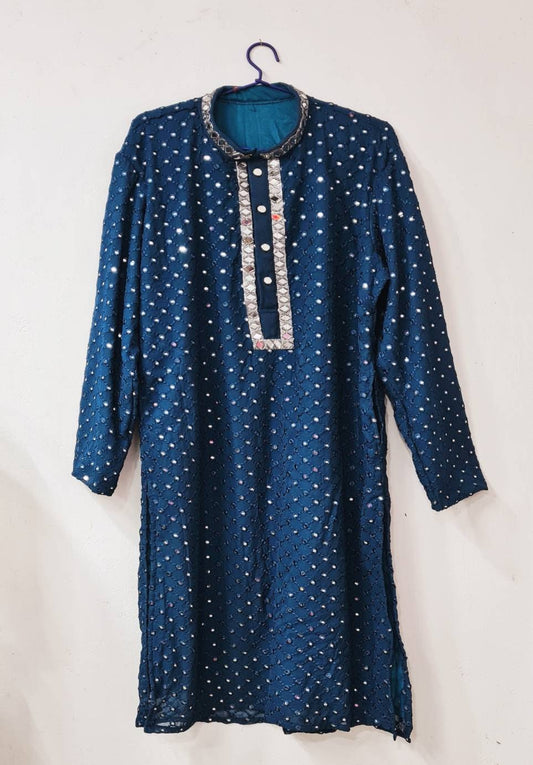 Teal mens kurta with beautiful mirror work