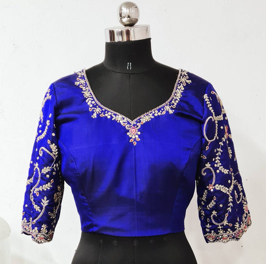 Royal blue silk blouse with beautiful zardosi work available in custom colours