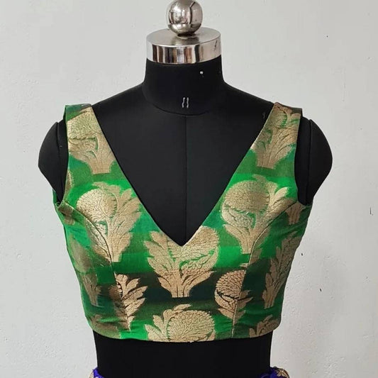 Green brocade v neck  custom stitched blouse
