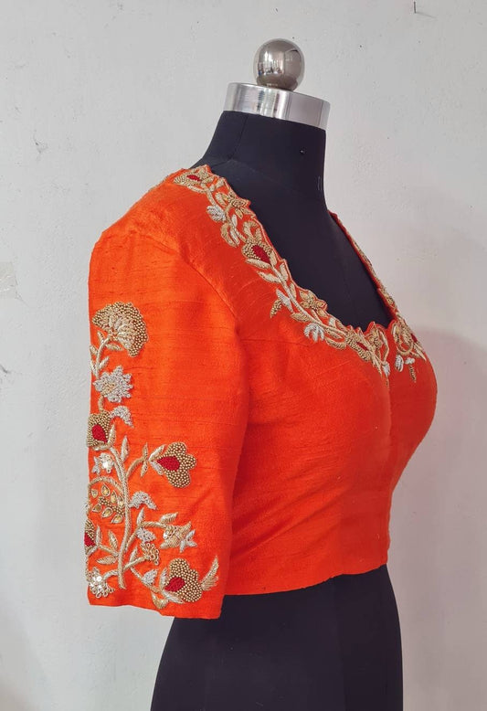 Custom fit orange pure raw silk blouse with zardosi embroidery