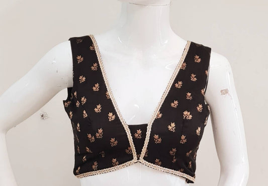 Sleeveless deep V neck black brocade blouse