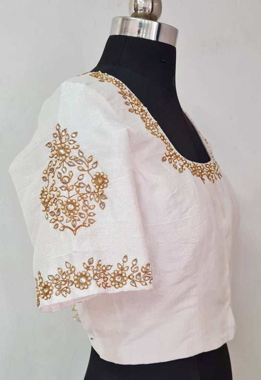 Custom fit white pure raw silk blouse with kundan and pearl embroidery
