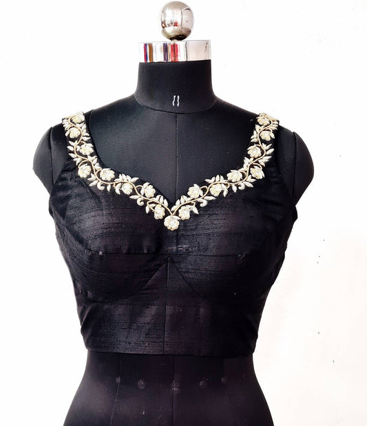 Sleeveless black pure raw silk blouse hand embroidered neckline